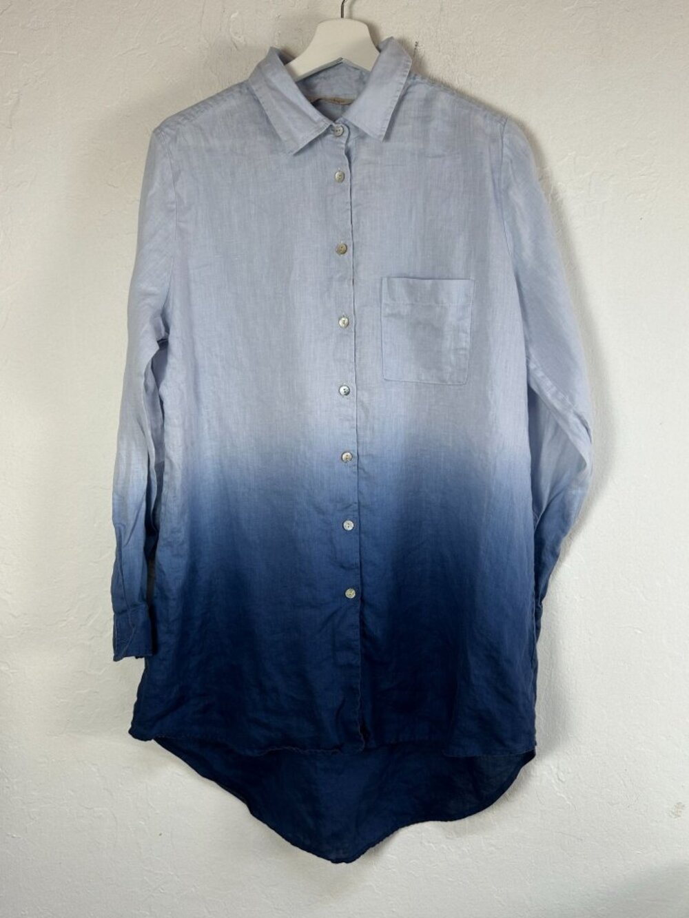 Soft Surroundings Womens Linen Button Down Shirt Ombre Blue High-Low Hem Medium